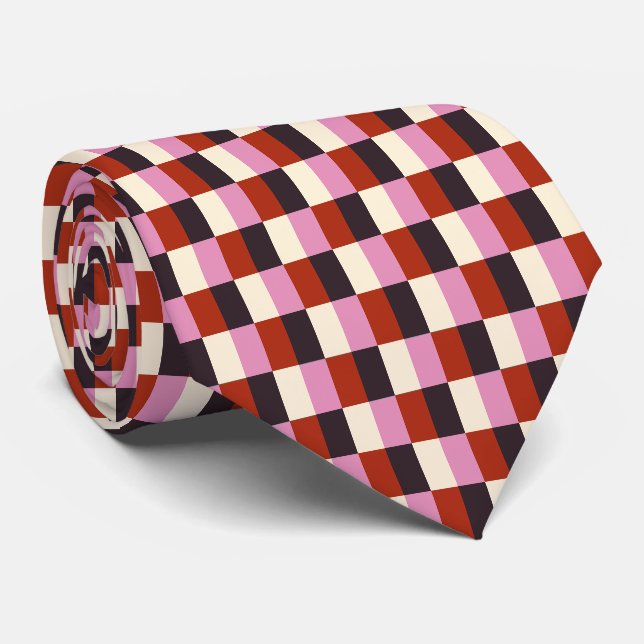 Red Pink Eggplant Ivory Plaid Tie (Rolled)
