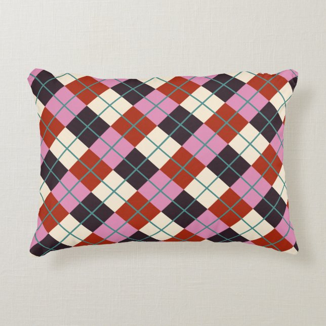 Red Pink Eggplant Ivory Teal Retro Plaid Decorative Pillow (Front)