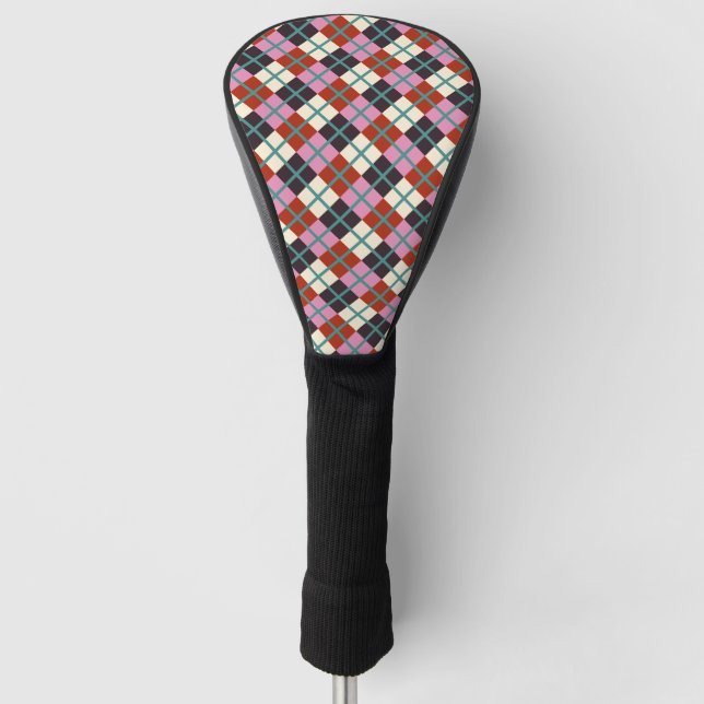 Red Pink Eggplant Ivory Teal Retro Plaid  Golf Head Cover (Front)