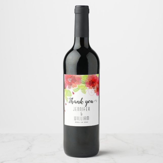 Red, pink ethereal flowers calligraphy wedding wine label (Front)