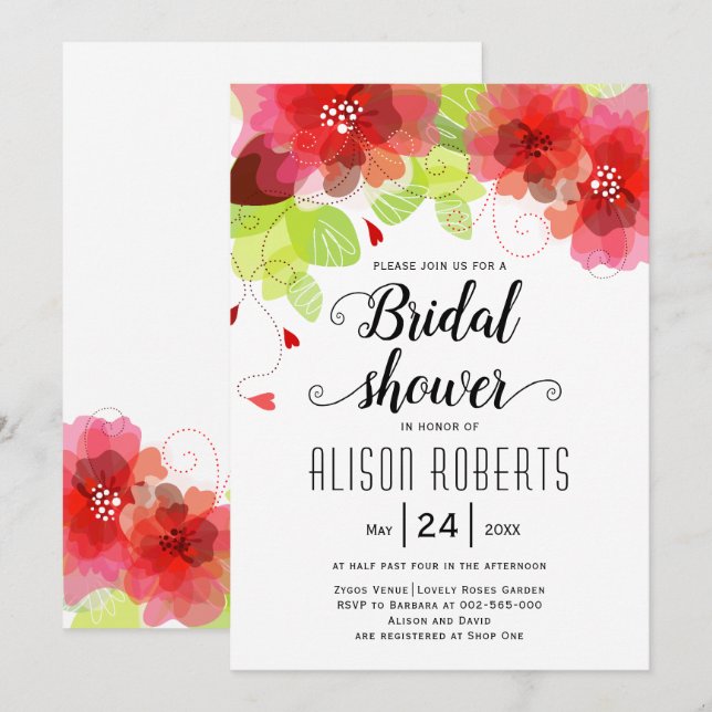 Red, pink ethereal flowers wedding bridal shower invitation (Front/Back)