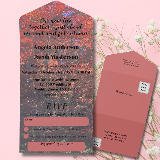 Red Pink Fall Leaves in Autumn Wedding  All In One All In One Invitation (Creator Uploaded)