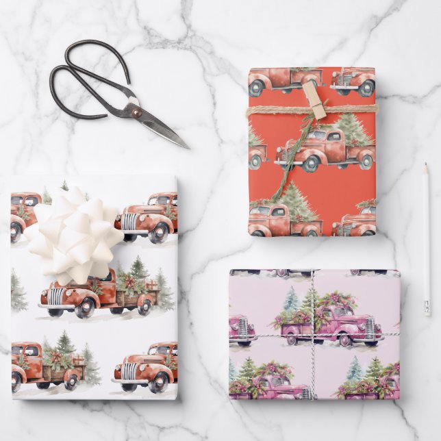 Red & Pink Farm Truck Christmas Holiday Wrapping Paper Sheet (Front)