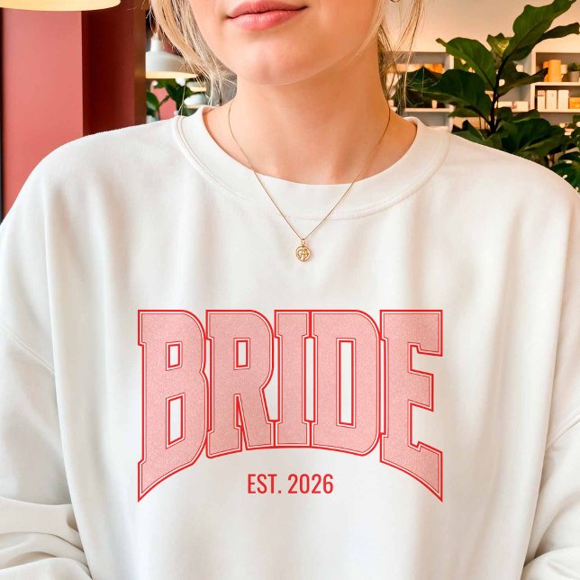 Red + Pink Faux Glitter BRIDE Varsity Letter  Sweatshirt (Creator Uploaded)