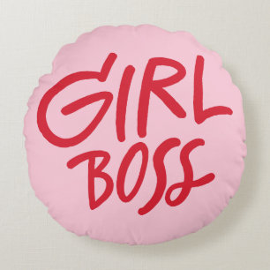 Red & Pink Feminine Girl Boss Bold Typography Round Pillow
