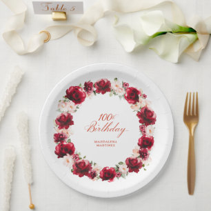 Red Pink Floral 100th Birthday Party Personalized Paper Plate