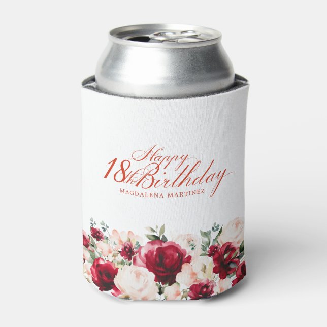 Red Pink Floral 18th Birthday Personalized Can Cooler (Can Front)
