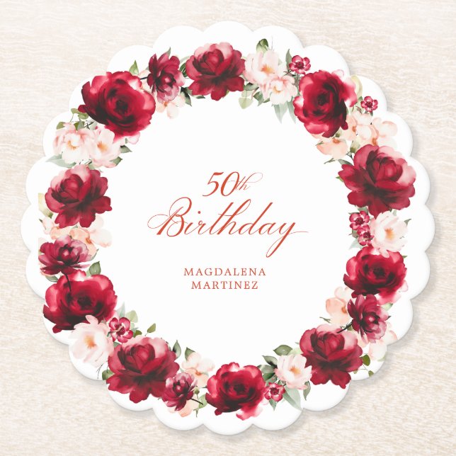 Red Pink Floral 50th Birthday Party Personalized Paper Coaster (Front)