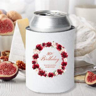 Red Pink Floral 80th Birthday Personalized Can Cooler