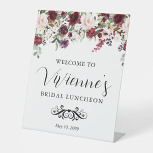 Red Pink Floral Bridal Luncheon Welcome Pedestal Sign