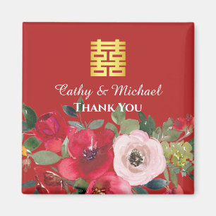 Red pink floral Chinese wedding double happiness  Magnet