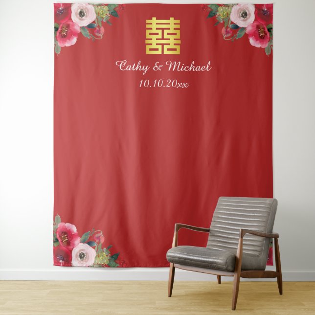 Red pink floral chinese wedding photo backdrop tapestry (In Situ)