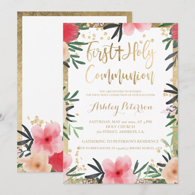 Red Pink floral gold border First Holy Communion Invitation (Front/Back)