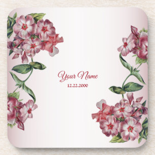 Red Pink Floral Green Leaves Modern Wedding Party Coaster