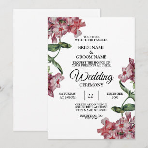 Red Pink Floral Green Leaves Modern Wedding Party Invitation
