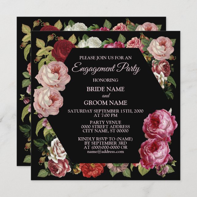 Red Pink Floral Greenery Black Engagement Party Invitation (Front/Back)