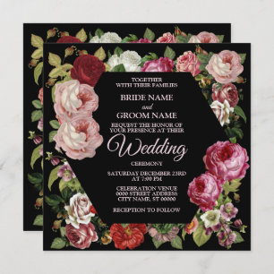Red Pink Floral Greenery Rustic Black Wedding Invitation