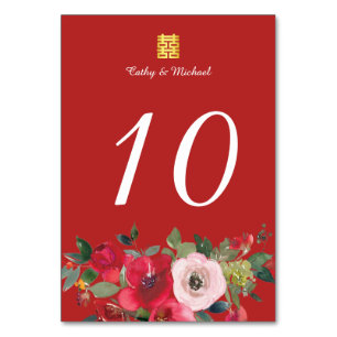 Red pink floral modern double happiness wedding table number