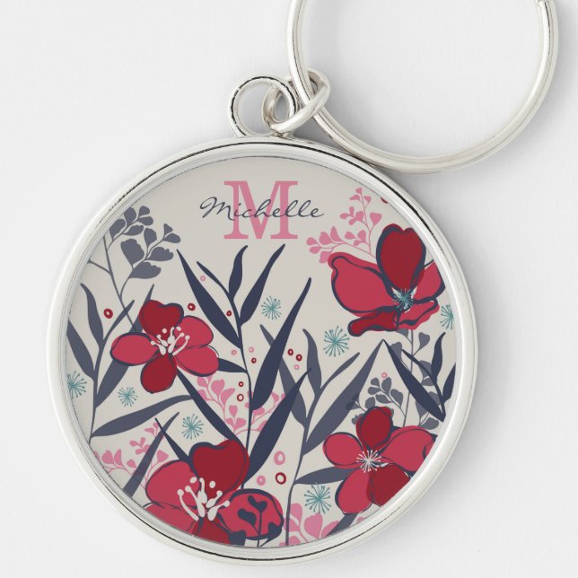Red & Pink Floral Monogram Name Keychain (Front)
