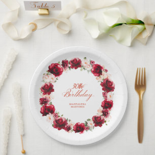 Red Pink Floral Personalized 30th Birthday Party Paper Plate