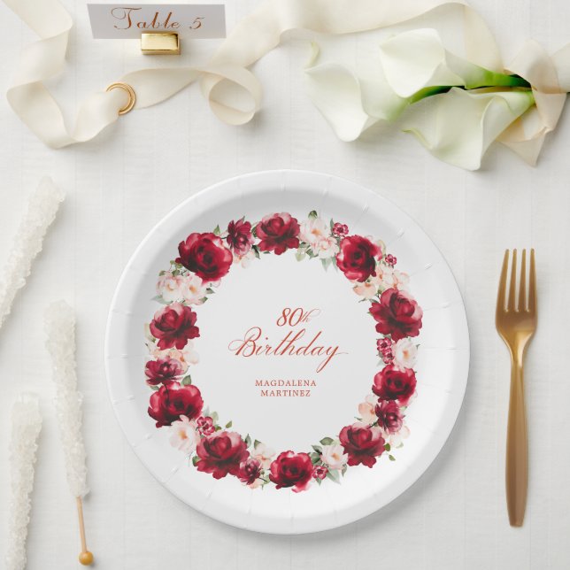 Red Pink Floral Personalized 80th Birthday Party Paper Plate (Wedding)