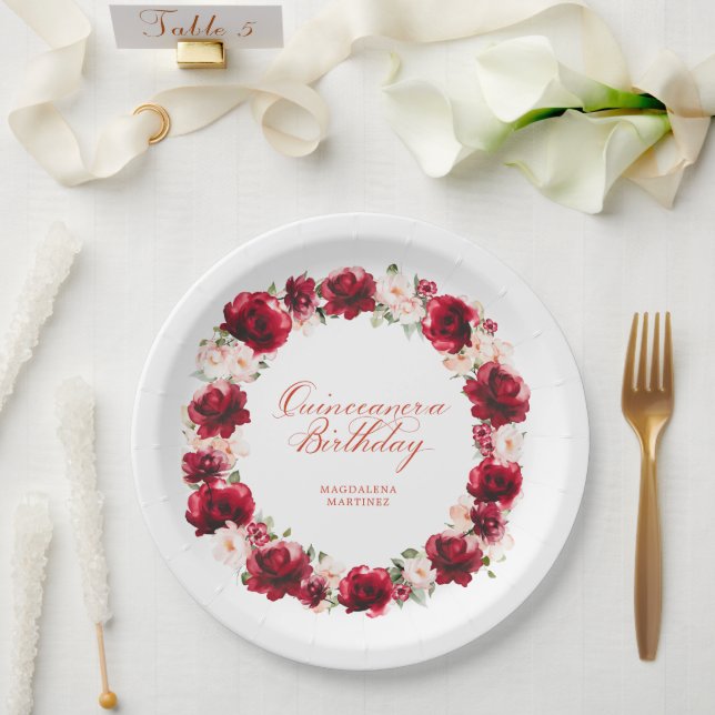 Red Pink Floral Personalized Quinceanera Birthday Paper Plate (Wedding)