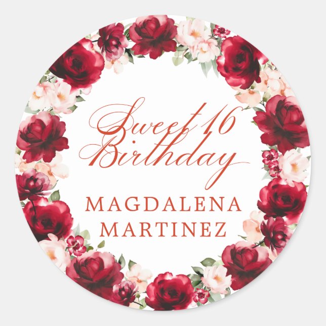 Red Pink Floral Personalized Sweet 16  Birthday Classic Round Sticker (Front)