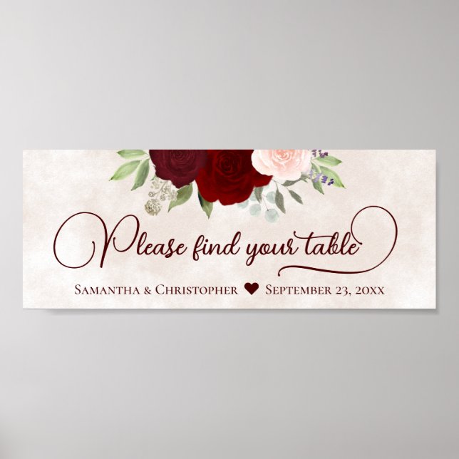Red & Pink Floral Please Find Your Table Header Poster (Front)