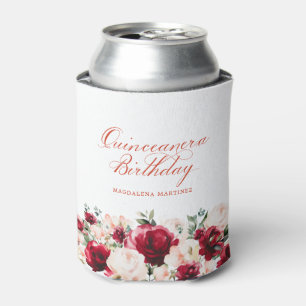 Red Pink Floral Quinceanera Birthday Personalized Can Cooler