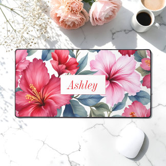 Red Pink Floral Watercolor  Desk Mat