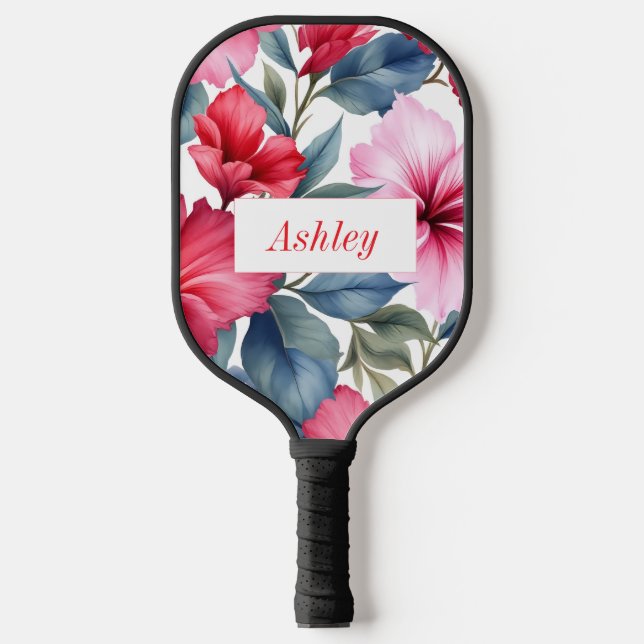 Red Pink Floral Watercolor Elegant Pickleball Paddle (Front)