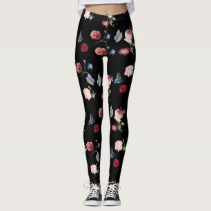 Red & pink Flower blue butterfly pattern black Leggings