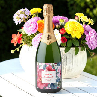 Red Pink Flowers Bachelorette Tropical Sparkling Wine Label