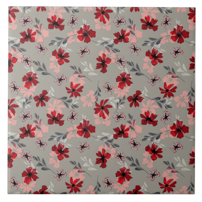 Red pink flowers on a grey background. tile (Front)