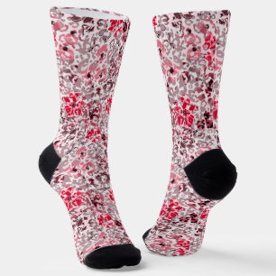 Red, pink flowers on a spotted leopard background. socks