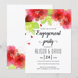 Red, pink flowers wedding engagemnet party invitation