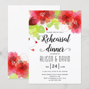 Red, pink flowers wedding rehearsal dinner invitation