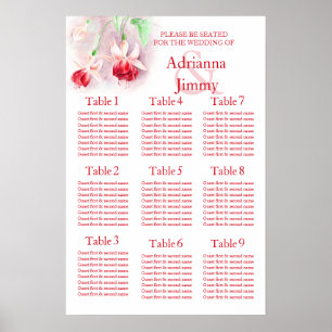 Red pink fuchsia Wedding Seating Table Planner 1-9 Poster