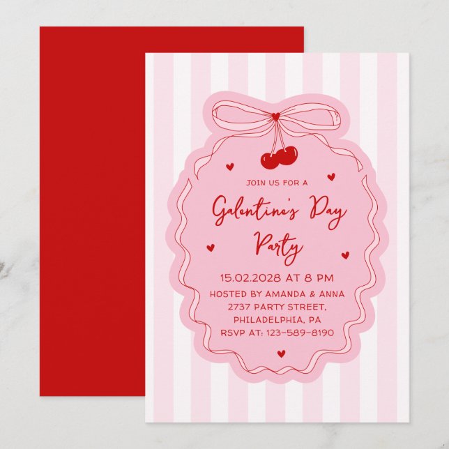 Red Pink Girly Coquette Bow Galentine's Day Party Invitation (Front/Back)