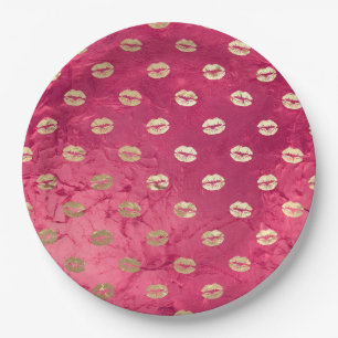 Red Pink Glam Gold Lips Paper Plate