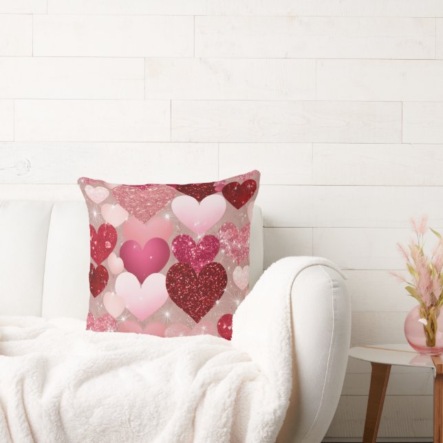 RED & PINK GLITTER LOOK VALENTINE LOVE HEARTS THROW PILLOW