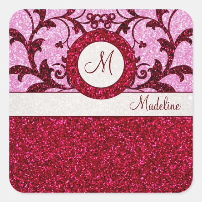 Red pink glitter monogram custom stickers (Front)