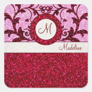 Red pink glitter monogram custom stickers