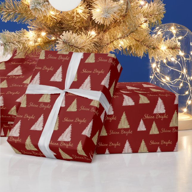 Red Pink Gold Glitter Shine Christmas Trees Wrapping Paper (Holidays)