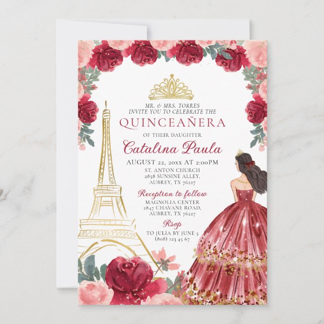 Red Pink Gold Tiara Paris Quinceañera Invitation (Devant)