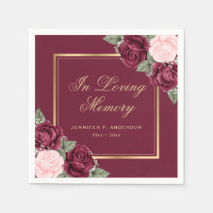 Red Pink Gold Watercolor Floral Funeral Memorial Napkin