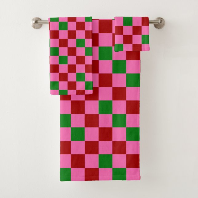 Red Pink Green Chequered Pattern Design  Bath Towel Set (Insitu)