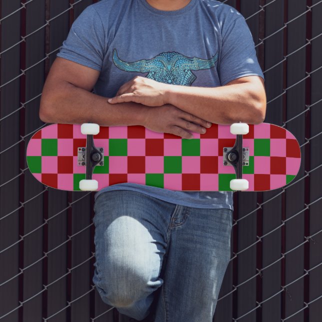 Red Pink Green Chequered Pattern Design  Skateboard (Outdoor 3)