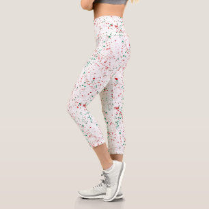 Red Pink Green Paint Splatter Abstract Pattern Capri Leggings