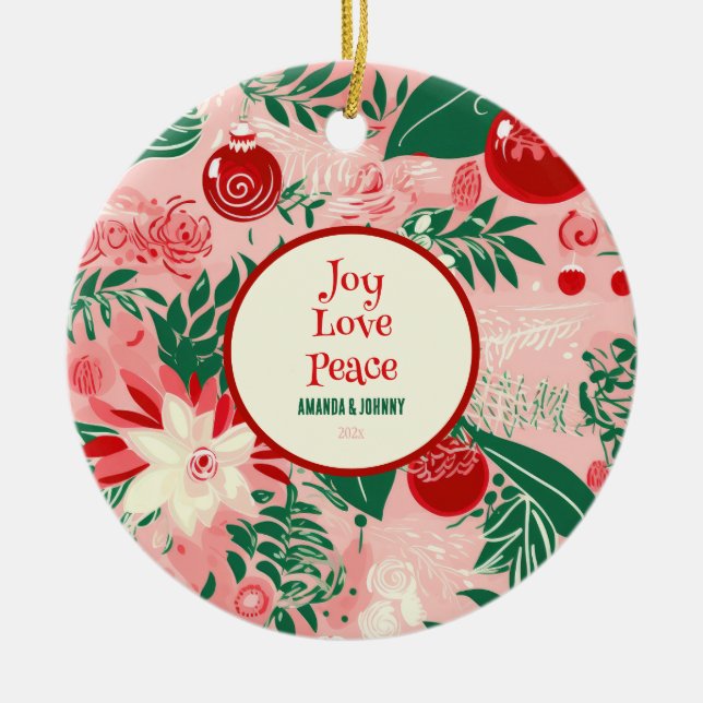 Red Pink Green Retro Floral Ceramic Ornament (Front)